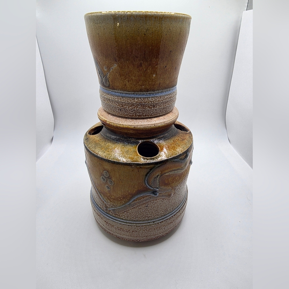 2pc Handmade Pottery Toothbrush Holder & Cup Bathroom Decor Set Signed by Artist